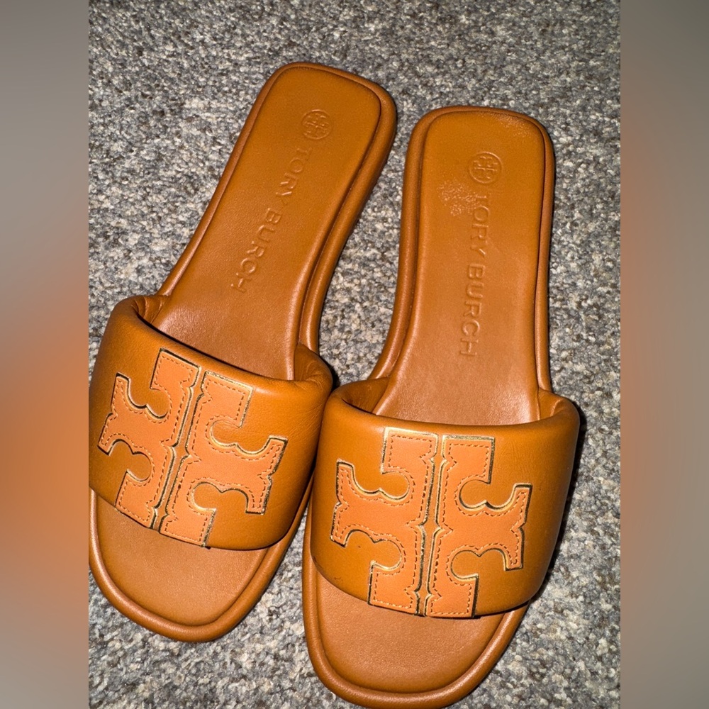 Tory Burch Tan Leather Sandals with Double-T Logo